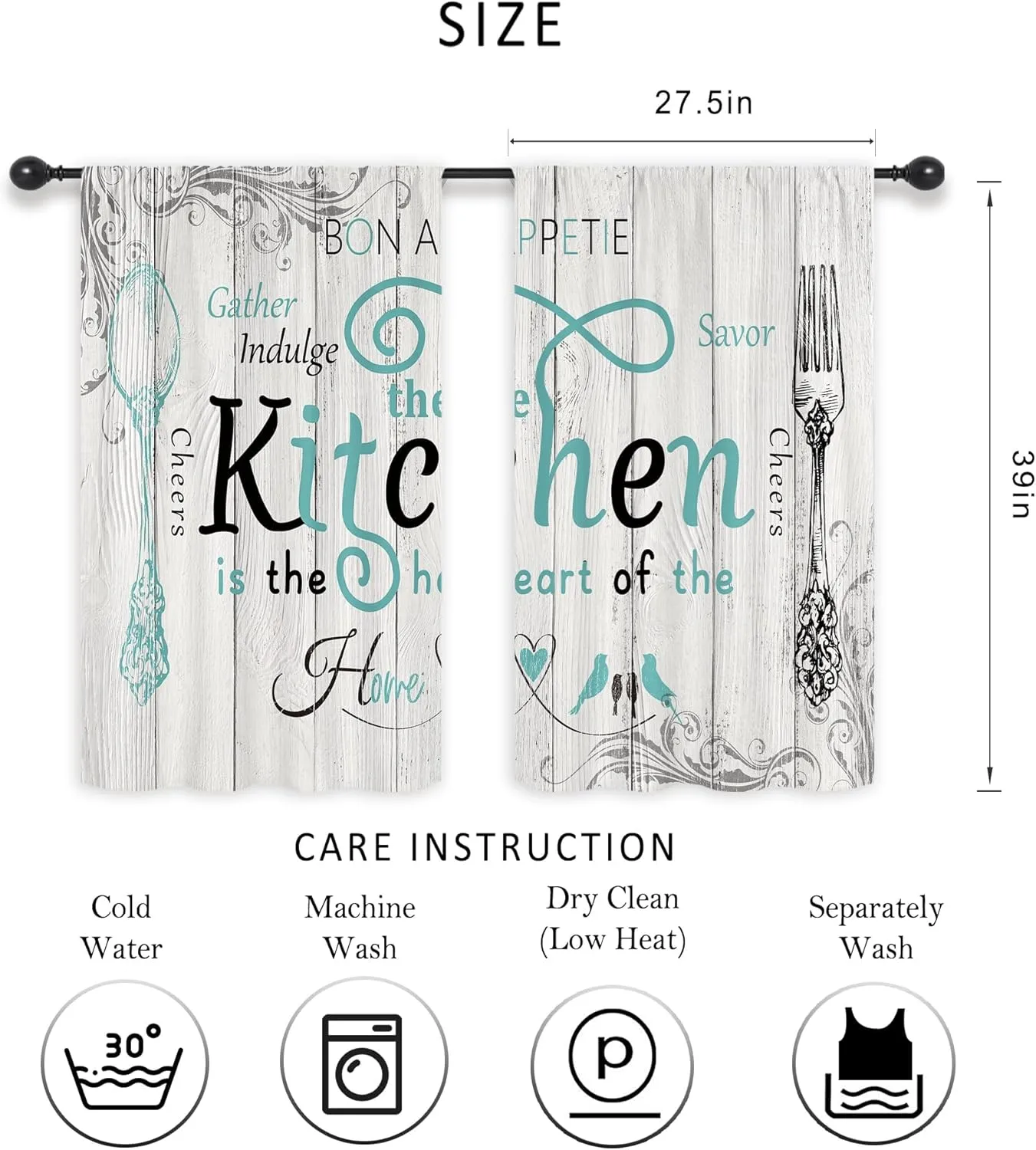 Riyidecor Teal Black Kitchen Curtains Short Small Rustic Country Fork Spoon Rod Pocket Farmhouse Wooden Board Tuoquoise Grey Gray Bedroom Living Room Treatment Fabric 2 Panels 27.5Wx39H Inch