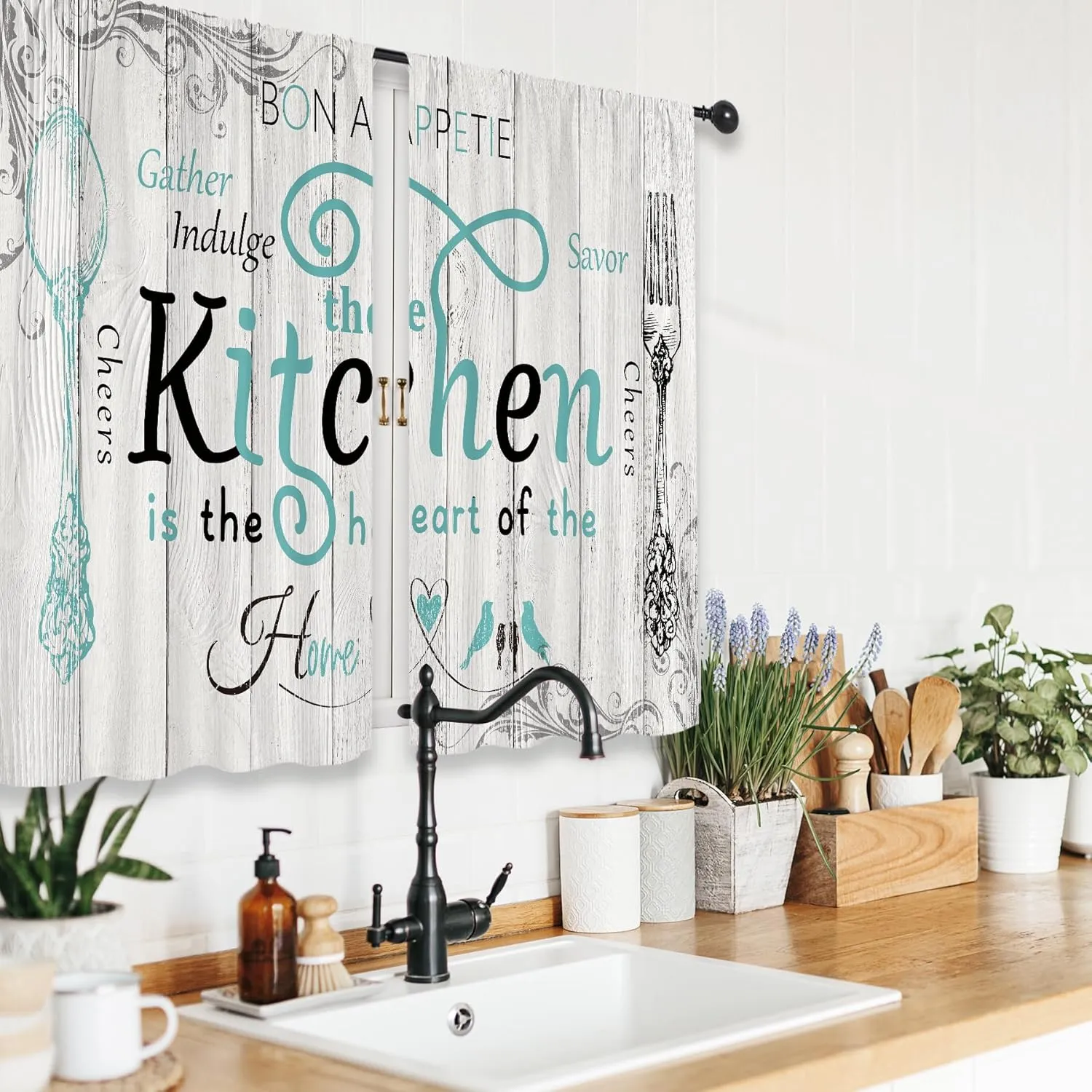 Riyidecor Teal Black Kitchen Curtains Short Small Rustic Country Fork Spoon Rod Pocket Farmhouse Wooden Board Tuoquoise Grey Gray Bedroom Living Room Treatment Fabric 2 Panels 27.5Wx39H Inch