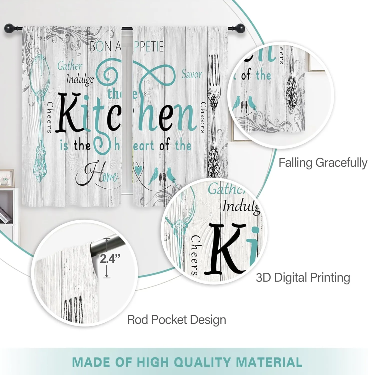 Riyidecor Teal Black Kitchen Curtains Short Small Rustic Country Fork Spoon Rod Pocket Farmhouse Wooden Board Tuoquoise Grey Gray Bedroom Living Room Treatment Fabric 2 Panels 27.5Wx39H Inch