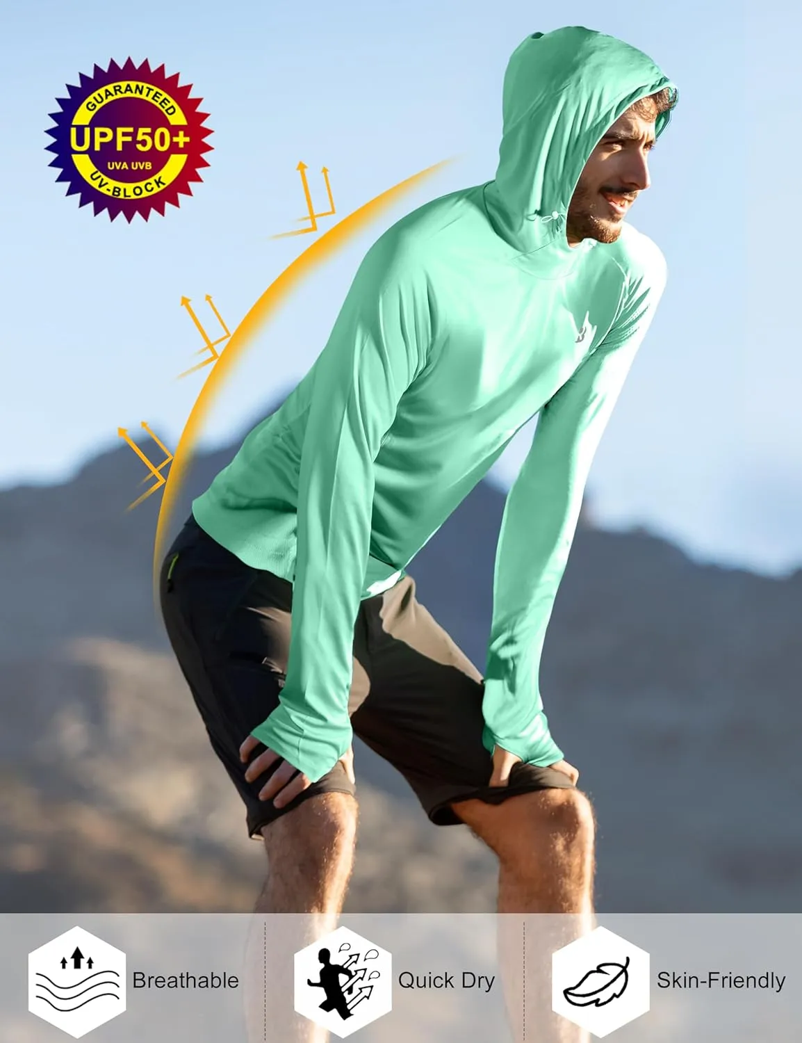 Roadbox UPF 50  Sun Protection Hoodie Shirt, Outdoor Fishing SPF UV Long Sleeve Shirts, Quick Dry Hiking Running Rash Guard