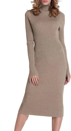 Rocorose Women's Turtleneck Ribbed Elbow Long Sleeve Knit Sweater Dress