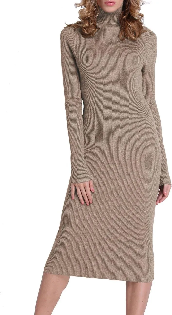 Rocorose Women's Turtleneck Ribbed Elbow Long Sleeve Knit Sweater Dress