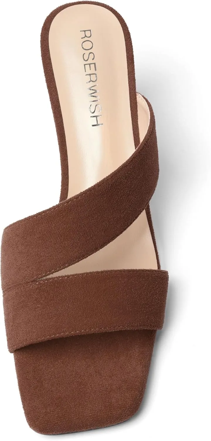 ROSERWISH Womens Open Toe Comfortable Suede Dating Slip On Casual Block Mid Heel Heeled Sandals 2.5 Inch