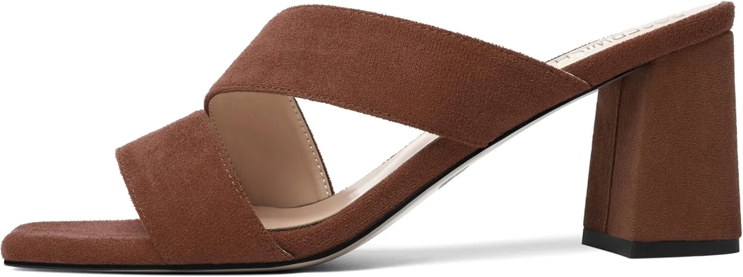 ROSERWISH Womens Open Toe Comfortable Suede Dating Slip On Casual Block Mid Heel Heeled Sandals 2.5 Inch