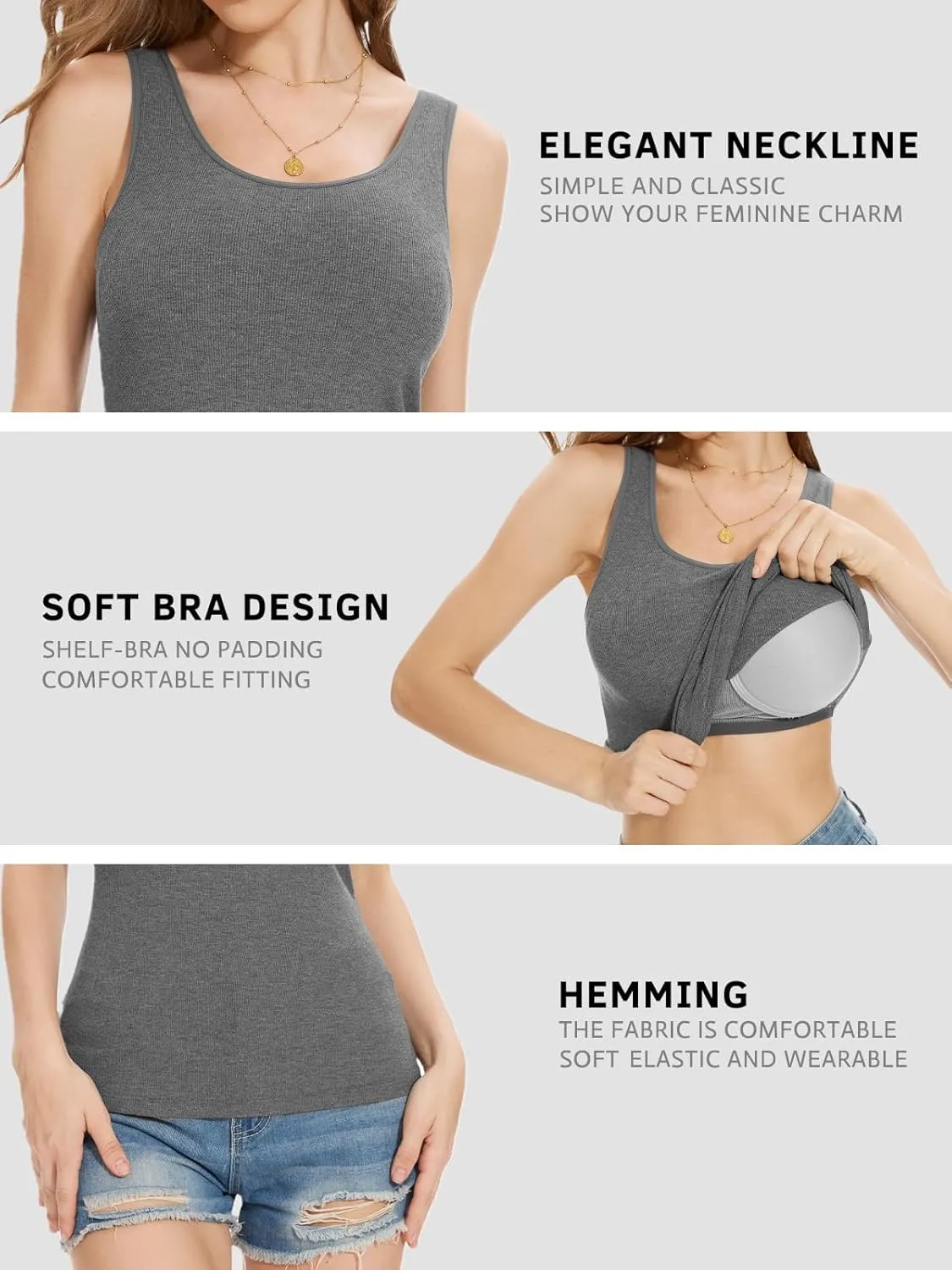 Rosyline Tank Tops for Women with Built in Bra Sleeveless Ribbed Shirts Scoop Neck Slim Fitted Top