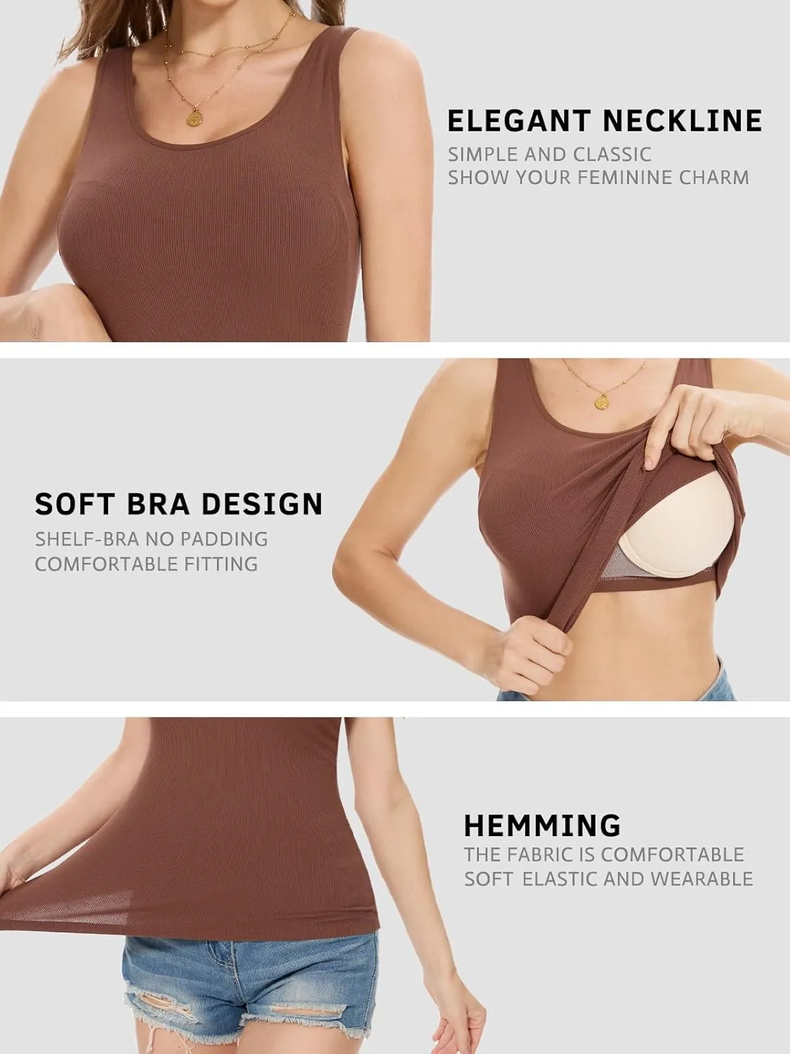 Rosyline Tank Tops for Women with Built in Bra Sleeveless Ribbed Shirts Scoop Neck Slim Fitted Top
