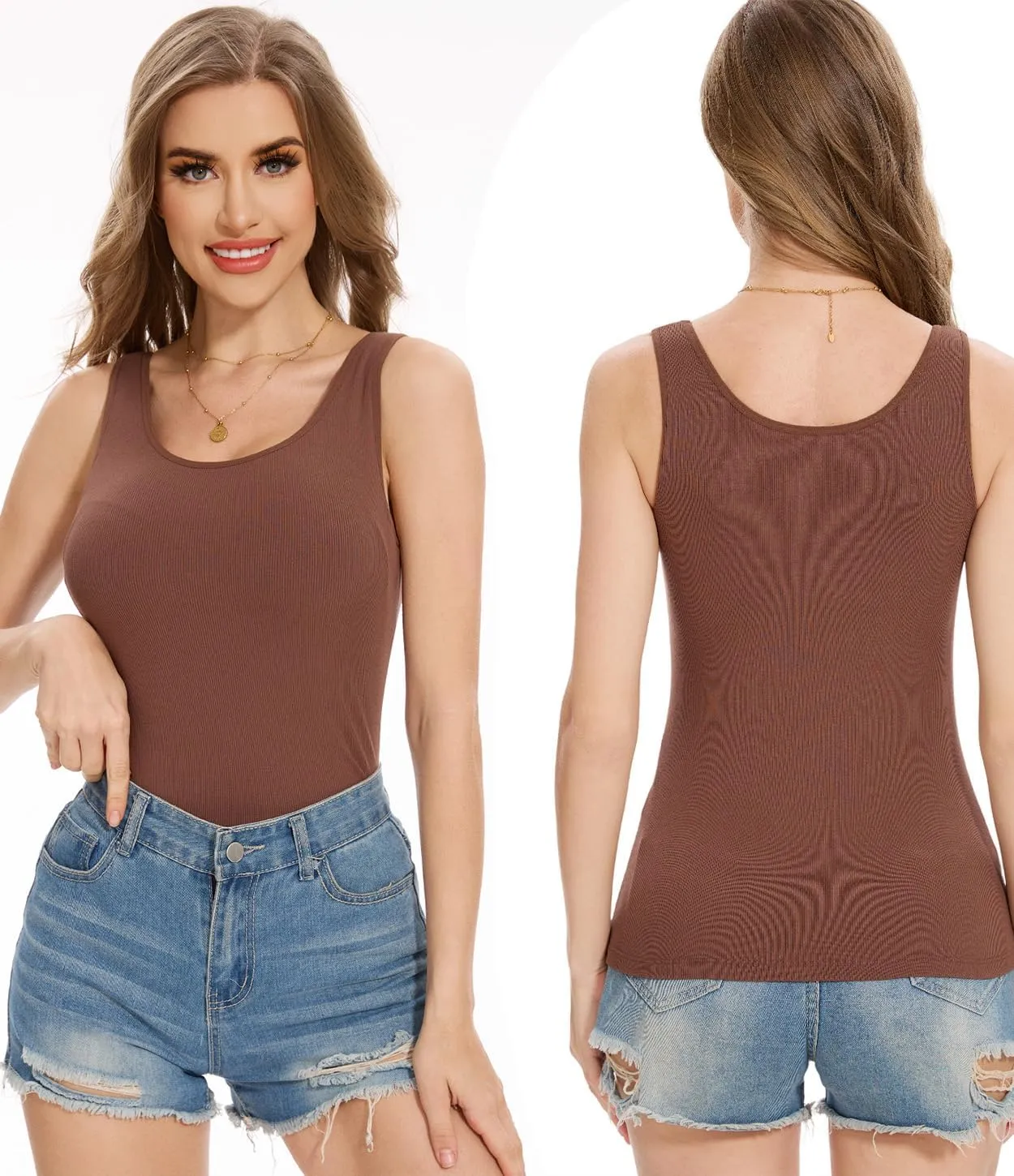 Rosyline Tank Tops for Women with Built in Bra Sleeveless Ribbed Shirts Scoop Neck Slim Fitted Top