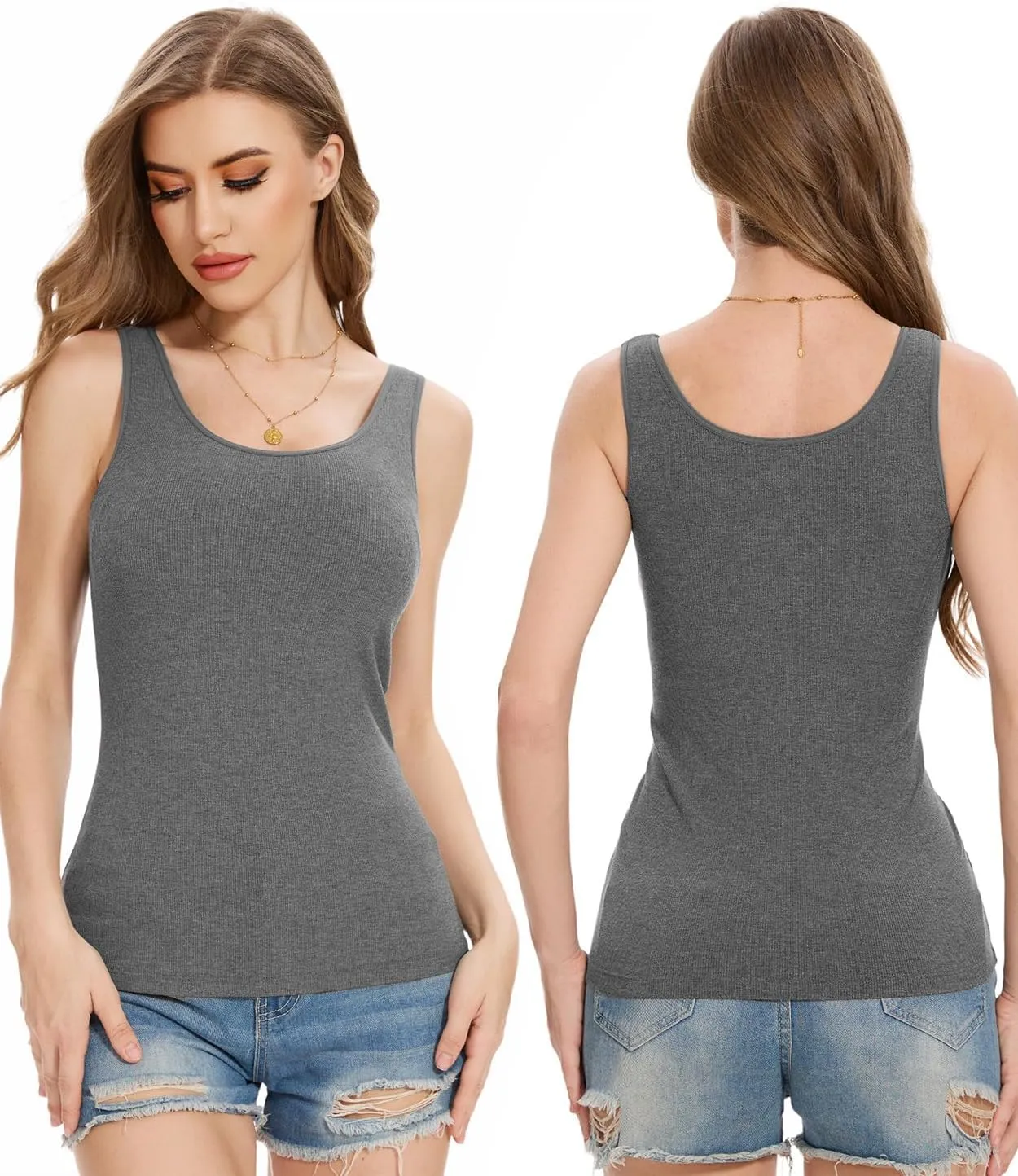Rosyline Tank Tops for Women with Built in Bra Sleeveless Ribbed Shirts Scoop Neck Slim Fitted Top