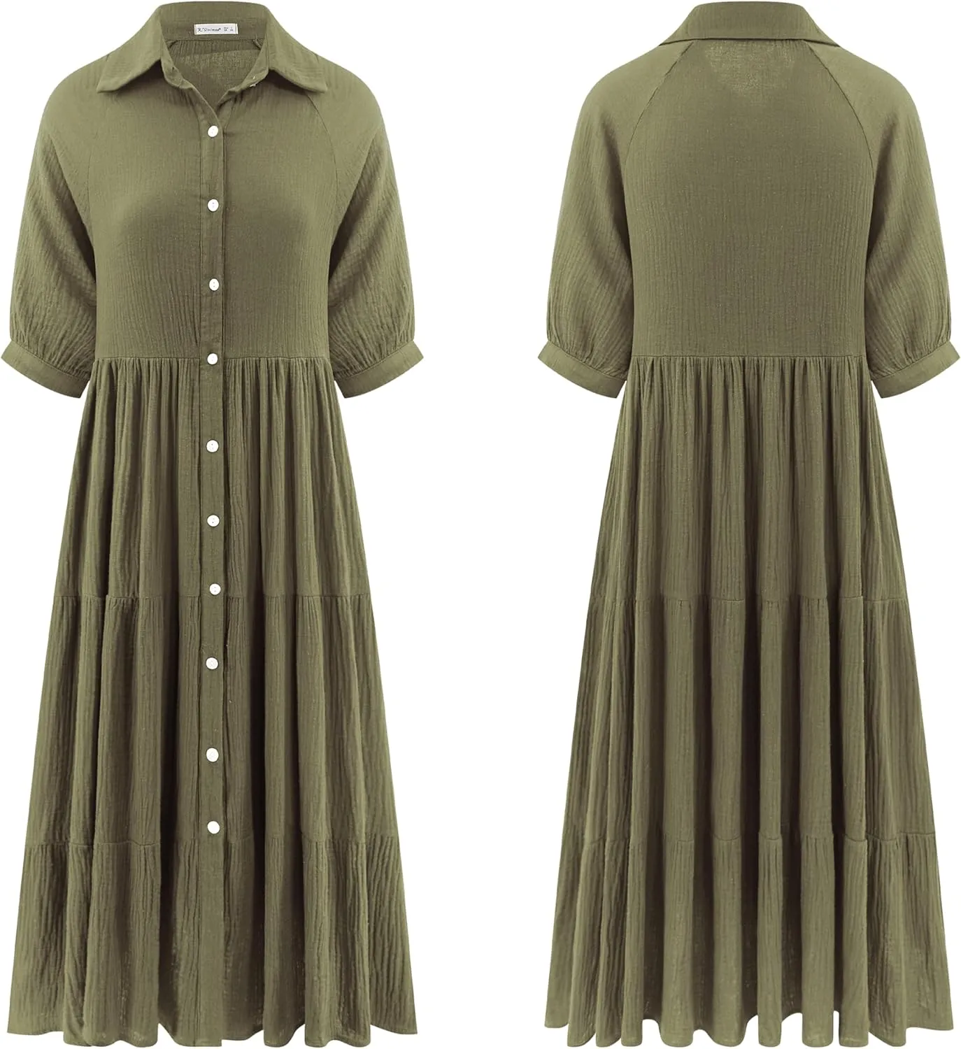 R.Vivimos Women's Summer Cotton Half Sleeves Button Down Casual Loose Slit Midi Dress with Pockets