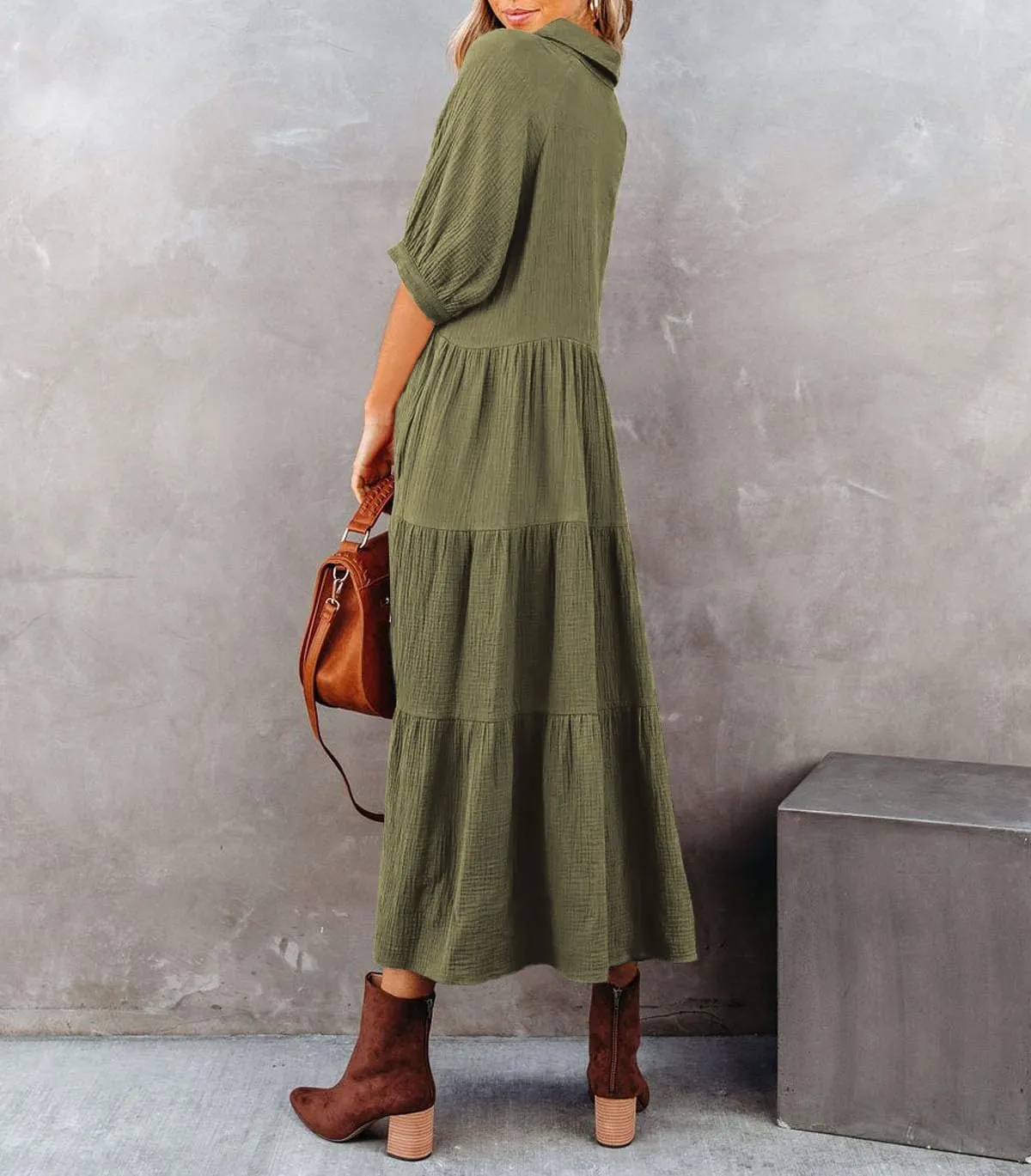 R.Vivimos Women's Summer Cotton Half Sleeves Button Down Casual Loose Slit Midi Dress with Pockets