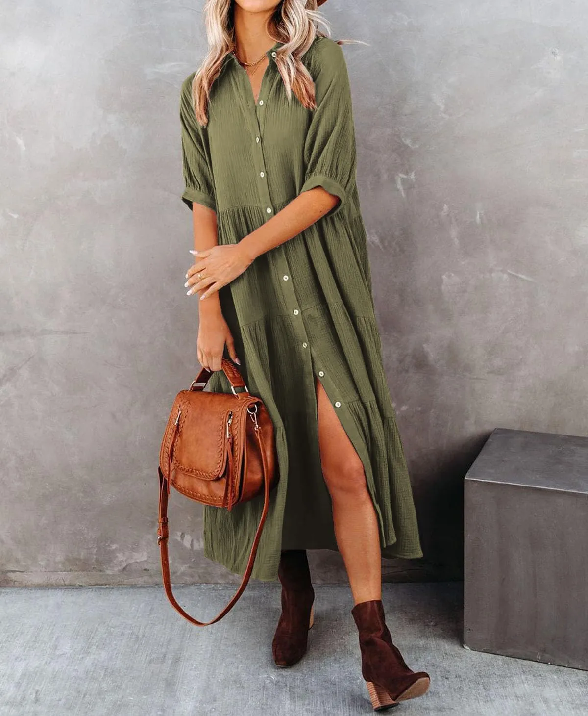 R.Vivimos Women's Summer Cotton Half Sleeves Button Down Casual Loose Slit Midi Dress with Pockets