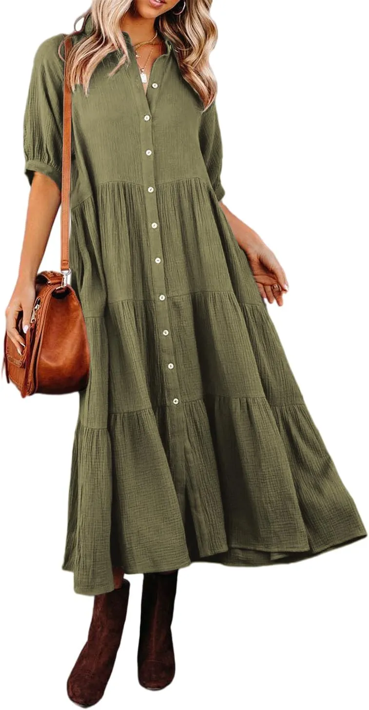 R.Vivimos Women's Summer Cotton Half Sleeves Button Down Casual Loose Slit Midi Dress with Pockets