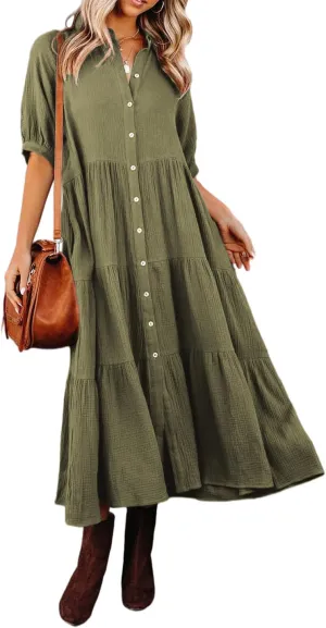 R.Vivimos Women's Summer Cotton Half Sleeves Button Down Casual Loose Slit Midi Dress with Pockets