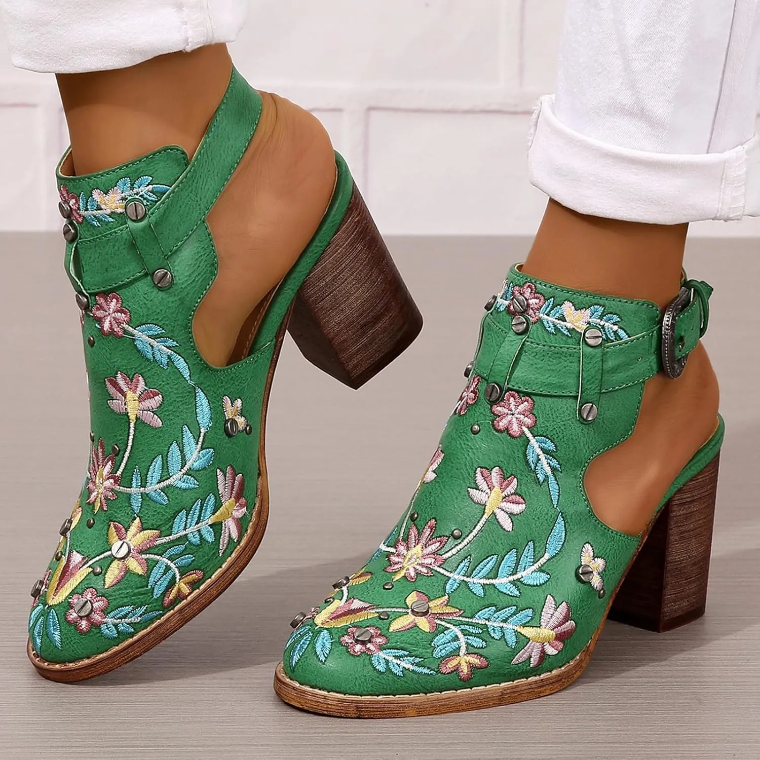 SACFOF Women's Floral Embroidery Ankle Boots Buckled Backless Western Vintage Wooden Chunky Heeled Cowgirl Short Booties