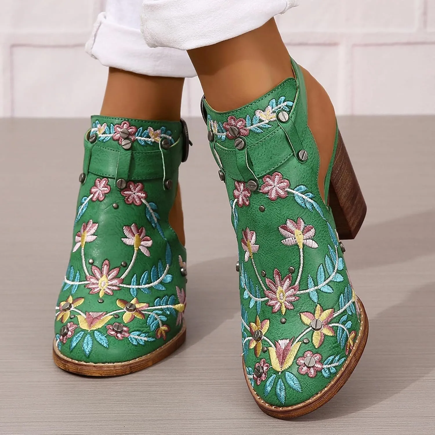 SACFOF Women's Floral Embroidery Ankle Boots Buckled Backless Western Vintage Wooden Chunky Heeled Cowgirl Short Booties