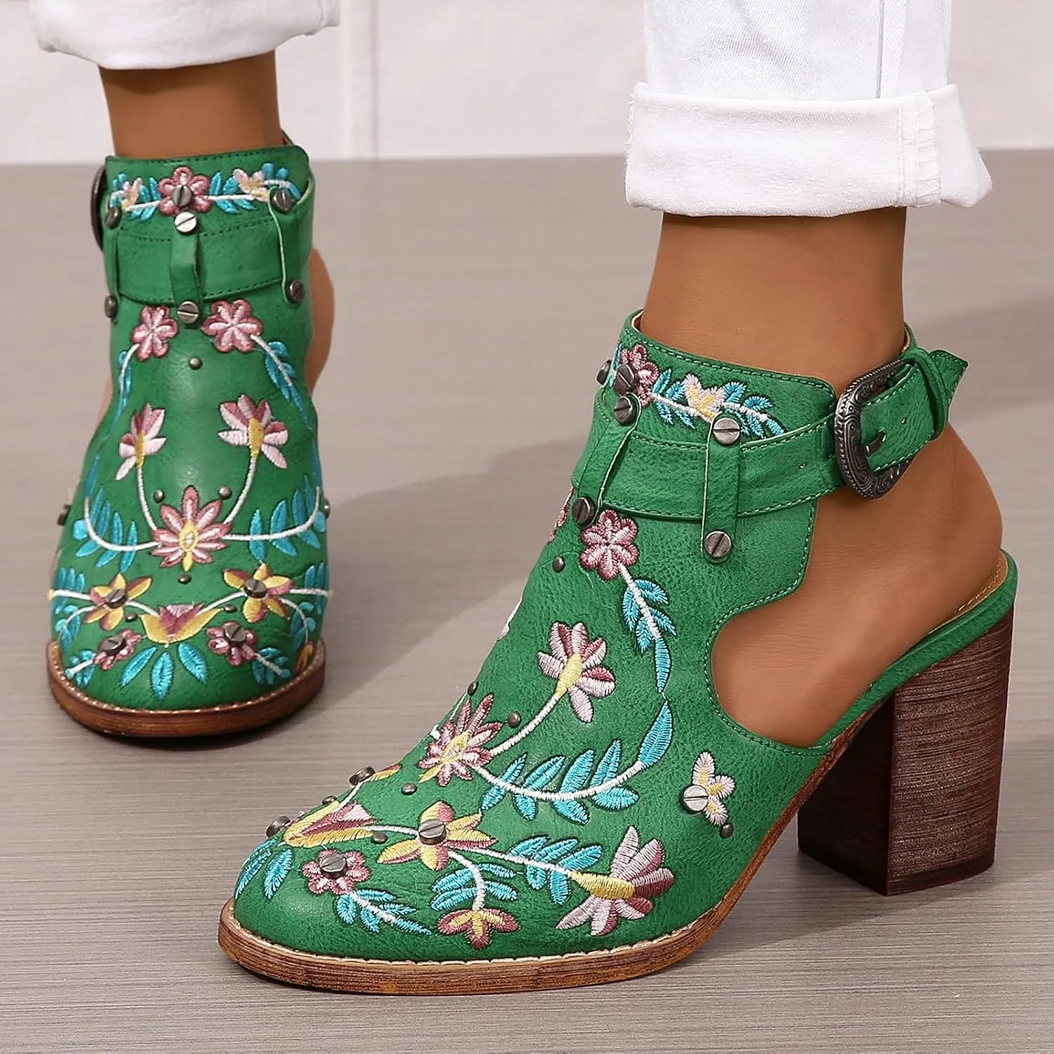 SACFOF Women's Floral Embroidery Ankle Boots Buckled Backless Western Vintage Wooden Chunky Heeled Cowgirl Short Booties