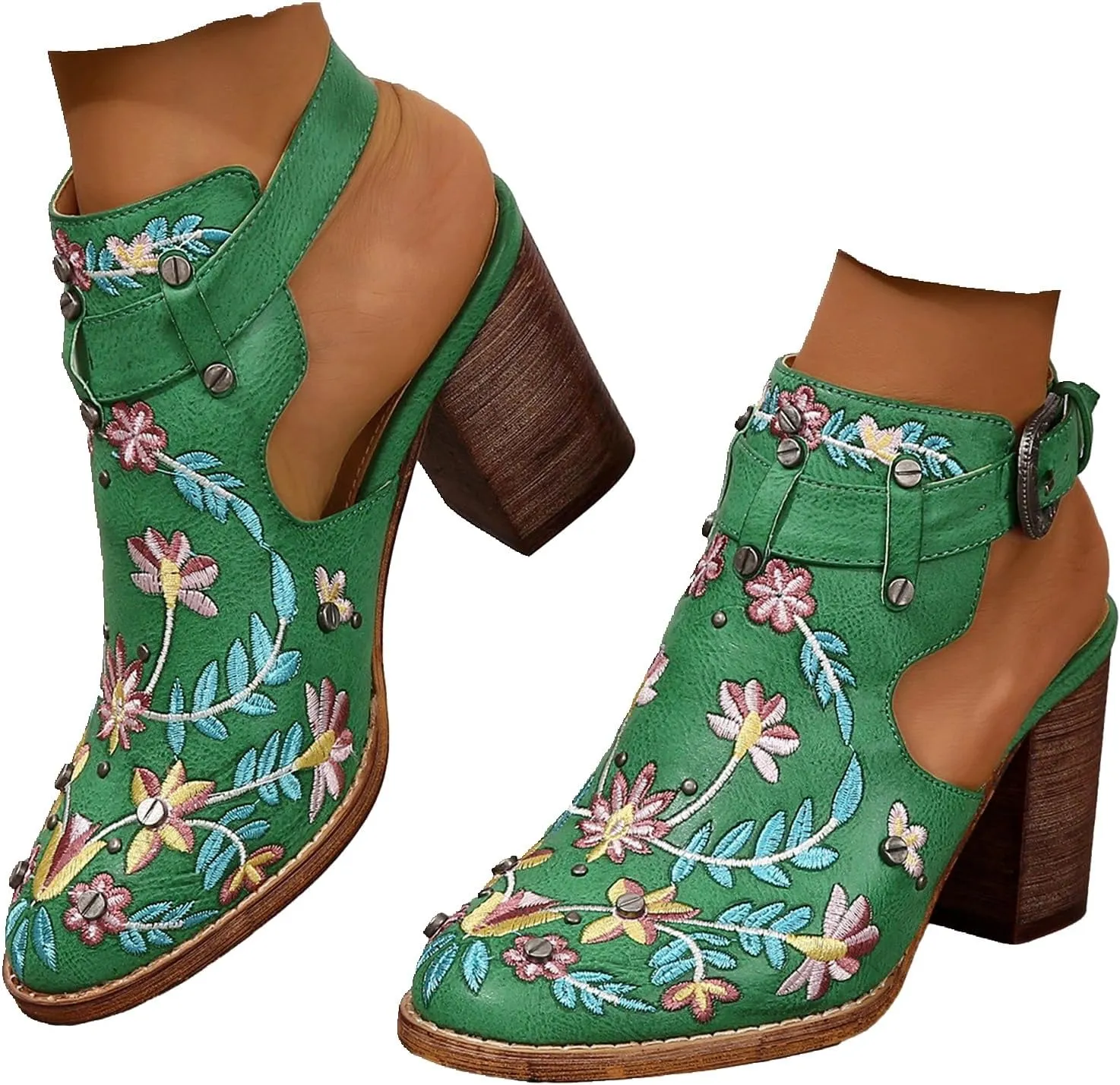 SACFOF Women's Floral Embroidery Ankle Boots Buckled Backless Western Vintage Wooden Chunky Heeled Cowgirl Short Booties