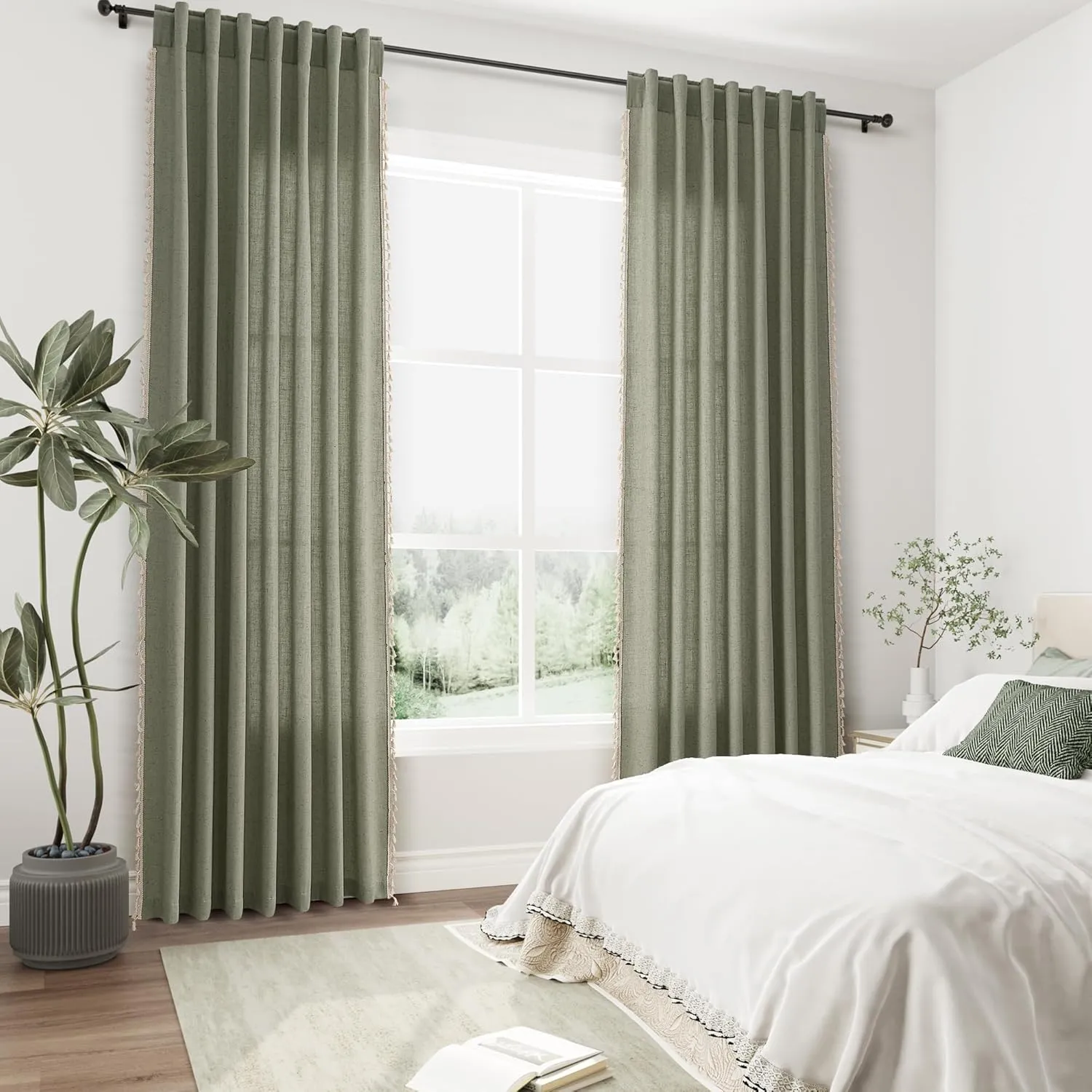 Sage Green Linen Textured Curtains 63 Inches Long 2 Panels Boho Farmhouse Semi Sheer Window Curtains Tassels Back Tab Neutral Light Filtering Chic Curtain Drapes for Living Room Bedroom 52x63