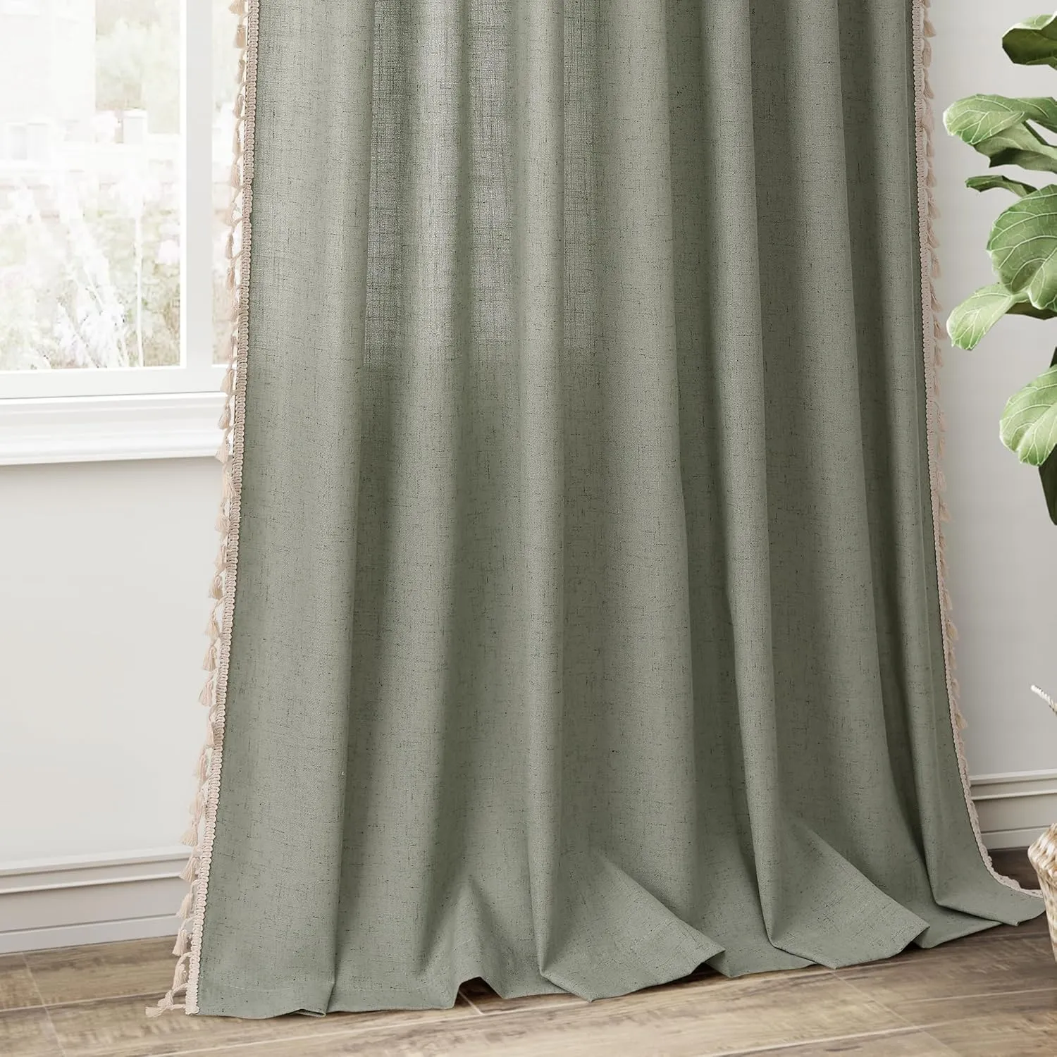 Sage Green Linen Textured Curtains 63 Inches Long 2 Panels Boho Farmhouse Semi Sheer Window Curtains Tassels Back Tab Neutral Light Filtering Chic Curtain Drapes for Living Room Bedroom 52x63