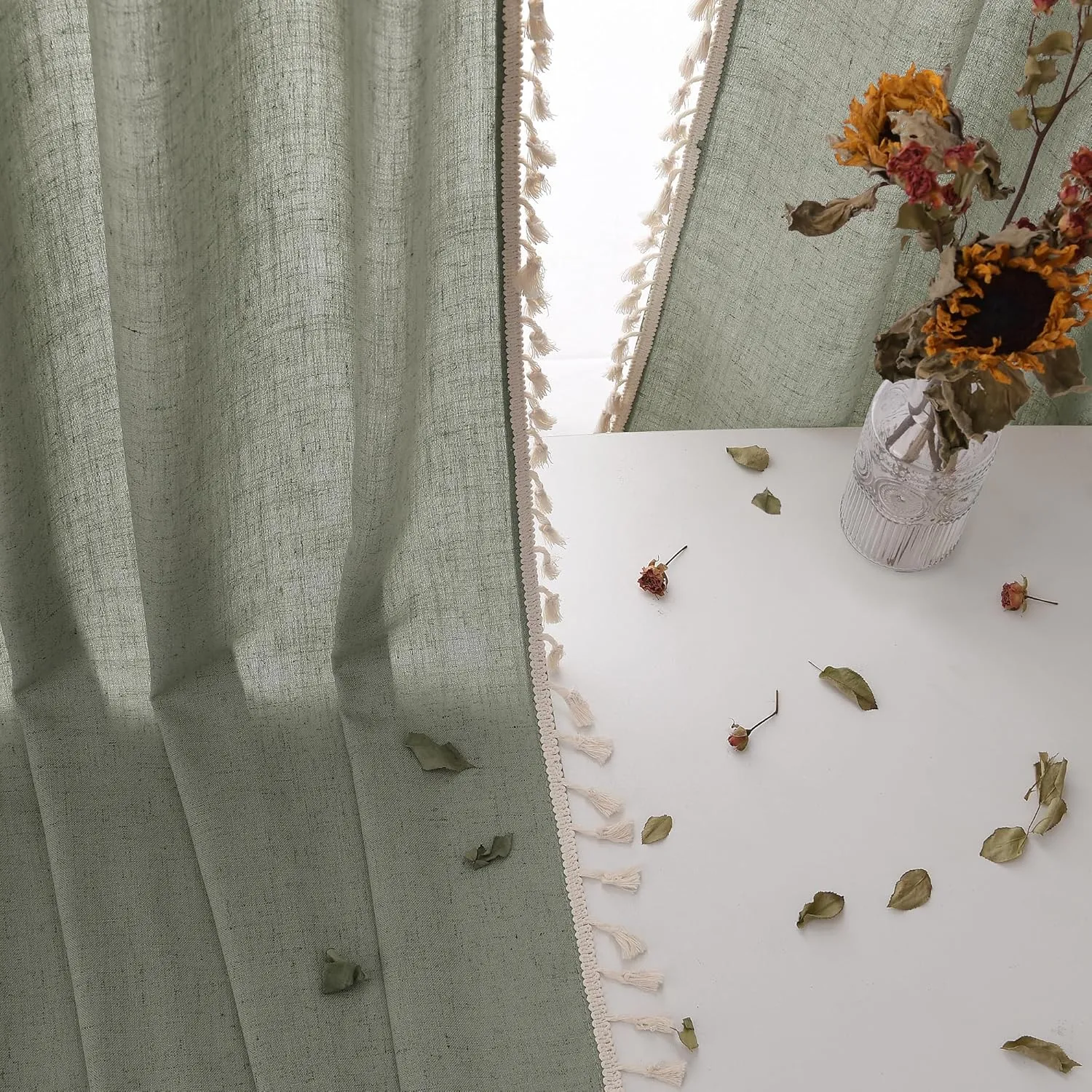 Sage Green Linen Textured Curtains 63 Inches Long 2 Panels Boho Farmhouse Semi Sheer Window Curtains Tassels Back Tab Neutral Light Filtering Chic Curtain Drapes for Living Room Bedroom 52x63