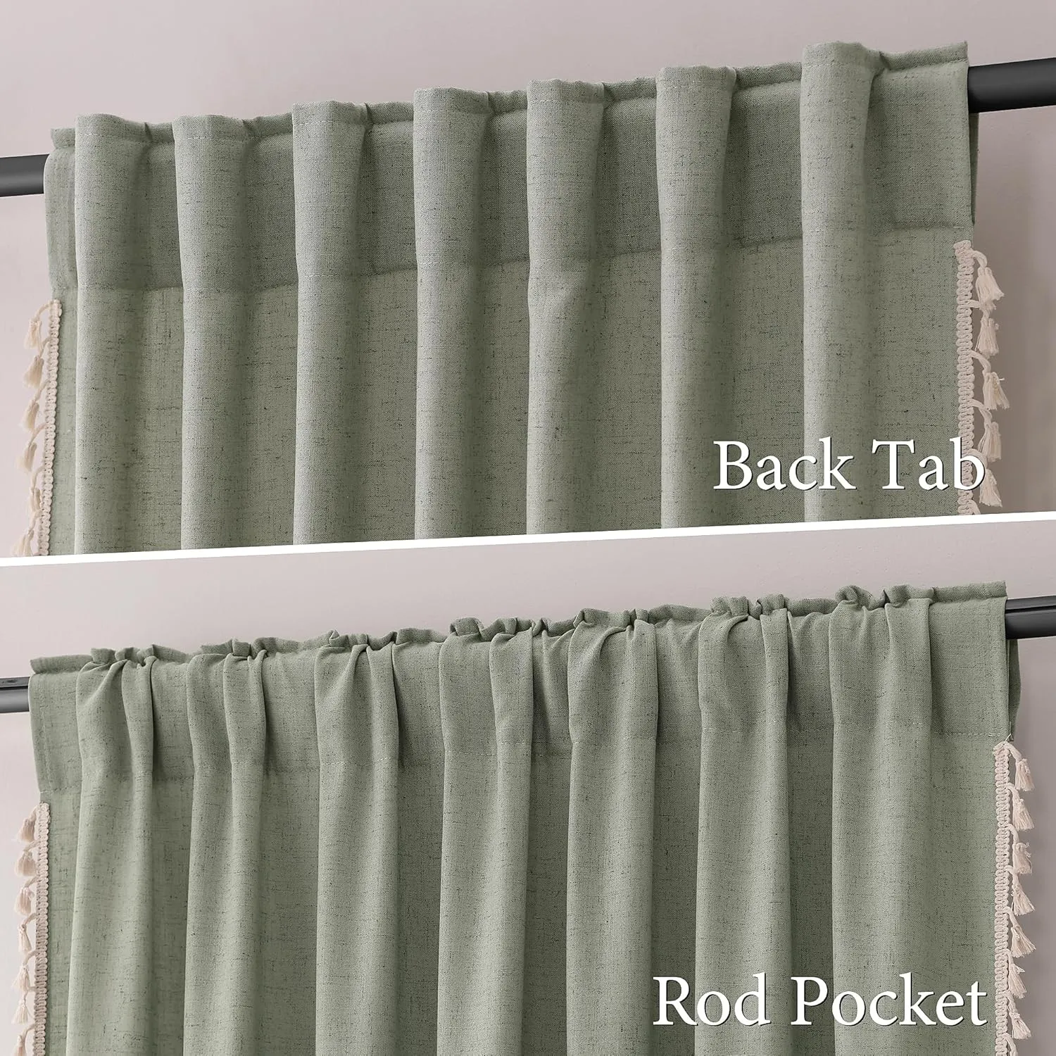 Sage Green Linen Textured Curtains 63 Inches Long 2 Panels Boho Farmhouse Semi Sheer Window Curtains Tassels Back Tab Neutral Light Filtering Chic Curtain Drapes for Living Room Bedroom 52x63