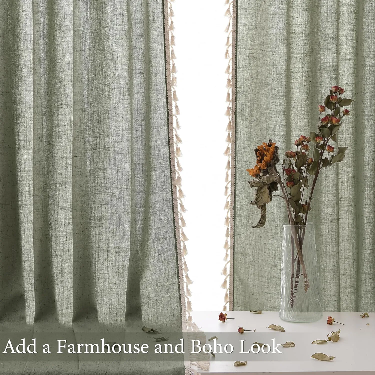 Sage Green Linen Textured Curtains 63 Inches Long 2 Panels Boho Farmhouse Semi Sheer Window Curtains Tassels Back Tab Neutral Light Filtering Chic Curtain Drapes for Living Room Bedroom 52x63