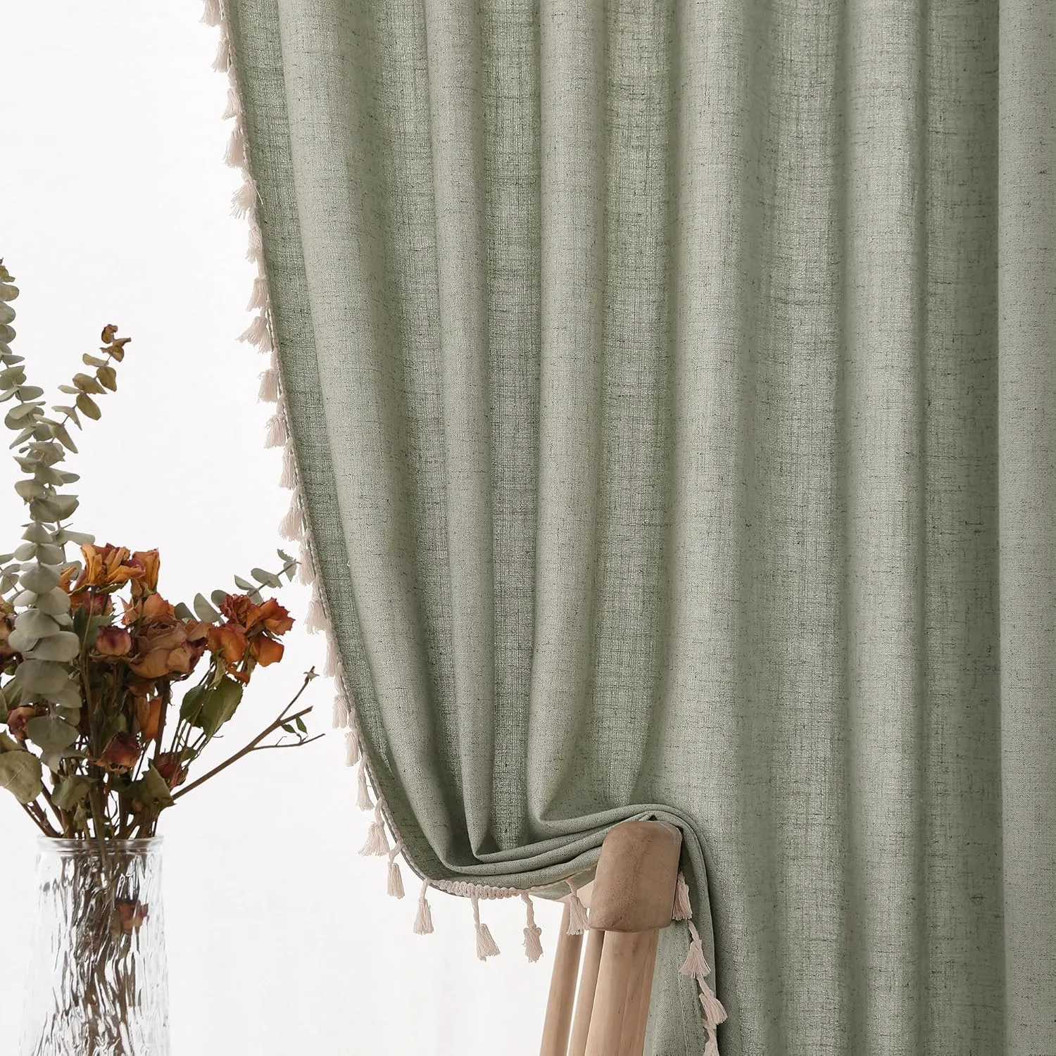 Sage Green Linen Textured Curtains 63 Inches Long 2 Panels Boho Farmhouse Semi Sheer Window Curtains Tassels Back Tab Neutral Light Filtering Chic Curtain Drapes for Living Room Bedroom 52x63