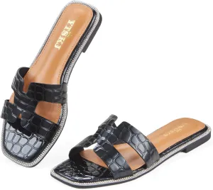 Sandals For Women 2025 Dressy Flat Slides Open Toe Sandals Comfortable Soft Leather Slides Slip On Ladies Casual Trendy Shoes