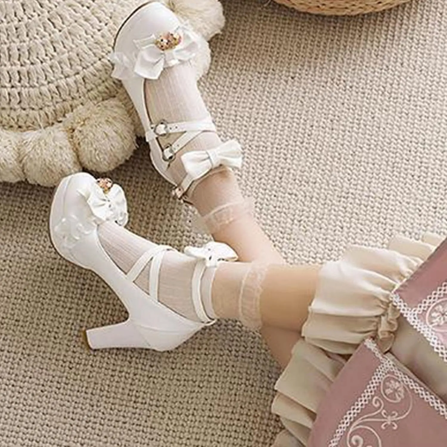 Sandals Sweet And Fresh Lace Bow Thick Sole Ladies Fairy High Heel Sandals Slides for Women Comfort
