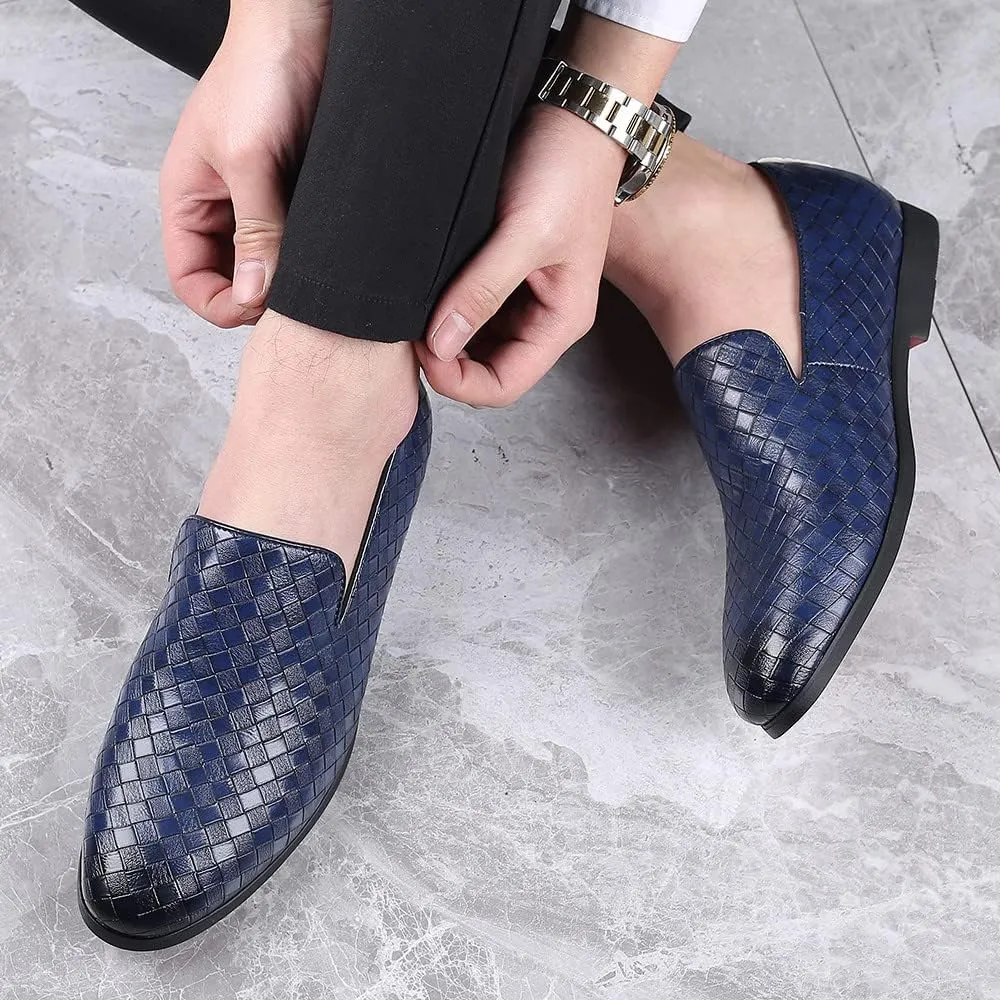 Santimon Men's Woven Moccasin Smoking Loafers Dress Casual Easy Slip-On Leather Formal Lightweight Driving Walking Shoes