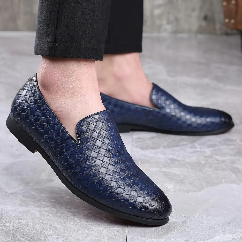 Santimon Men's Woven Moccasin Smoking Loafers Dress Casual Easy Slip-On Leather Formal Lightweight Driving Walking Shoes
