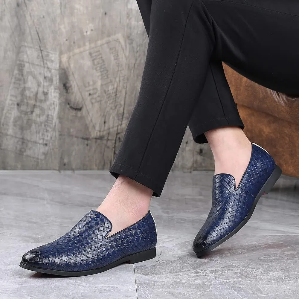 Santimon Men's Woven Moccasin Smoking Loafers Dress Casual Easy Slip-On Leather Formal Lightweight Driving Walking Shoes