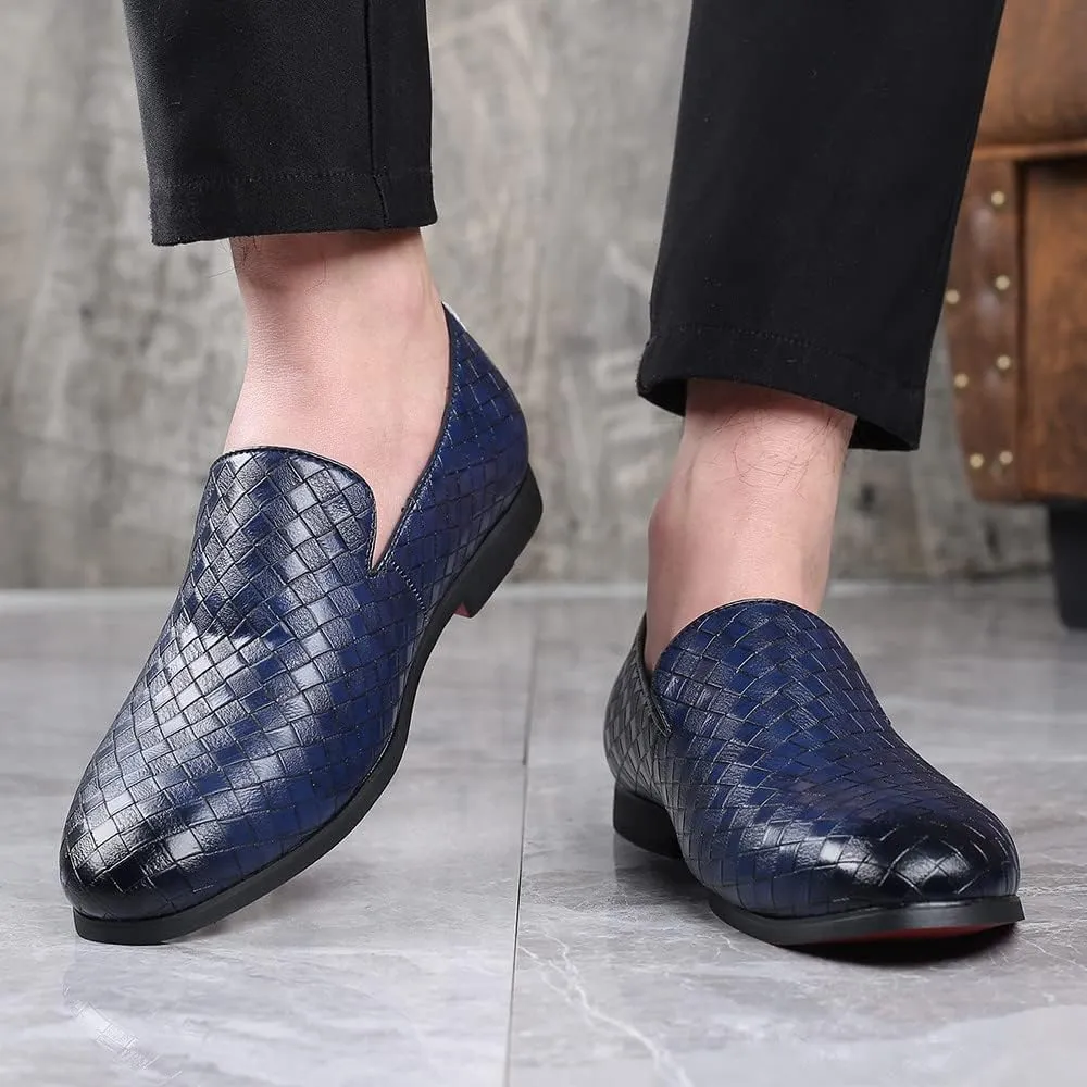 Santimon Men's Woven Moccasin Smoking Loafers Dress Casual Easy Slip-On Leather Formal Lightweight Driving Walking Shoes
