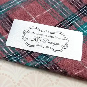Set of 100pcs Custom Fabric Label Personalized Clothing Label Handmade with Love Vintage Frame Design White Silky Satin Sewing tag Flat Sewing Label sew in Label