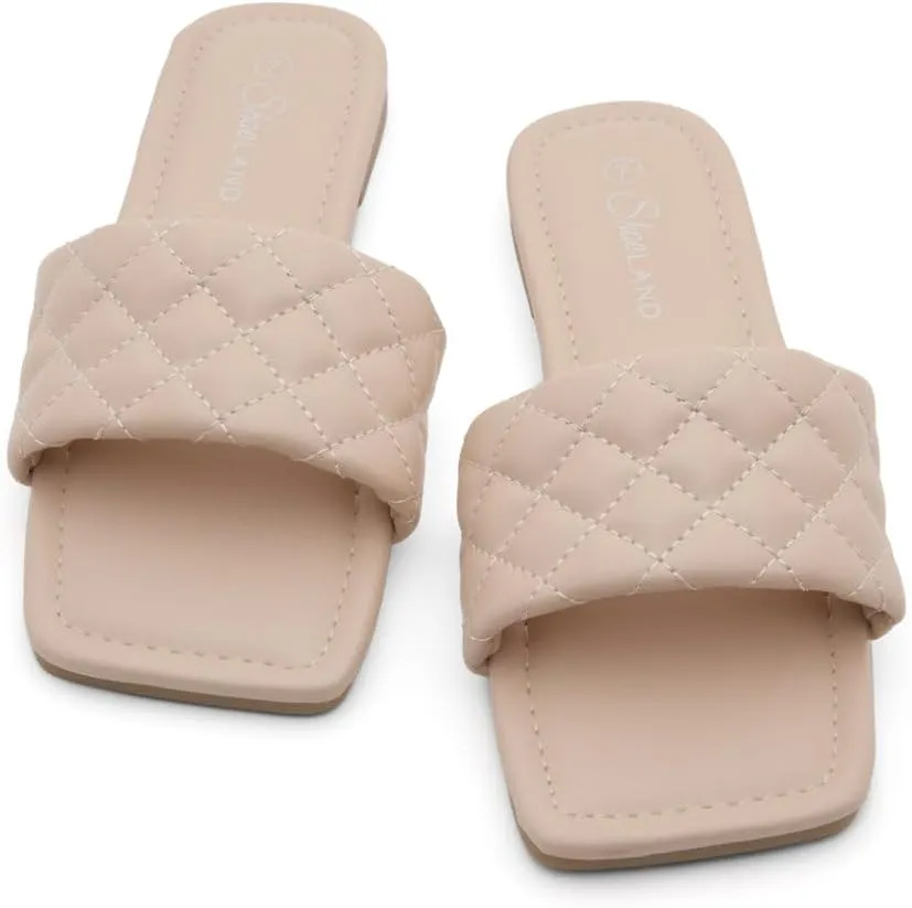 Shoe Land Anisha Women's Flat Sandals, Fashion Slides with Square Open Toe, Quilted Single Band Dressy Sandals, Slip-On Slippers for Summer, Daily Wear, Prom, and Party