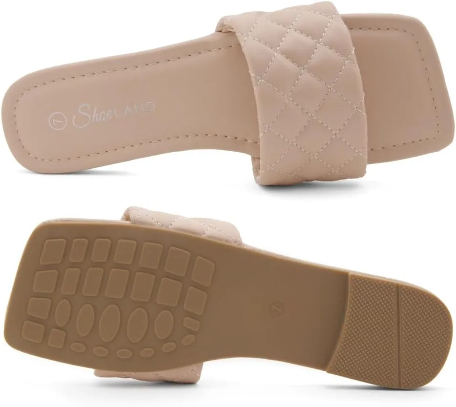 Shoe Land Anisha Women's Flat Sandals, Fashion Slides with Square Open Toe, Quilted Single Band Dressy Sandals, Slip-On Slippers for Summer, Daily Wear, Prom, and Party