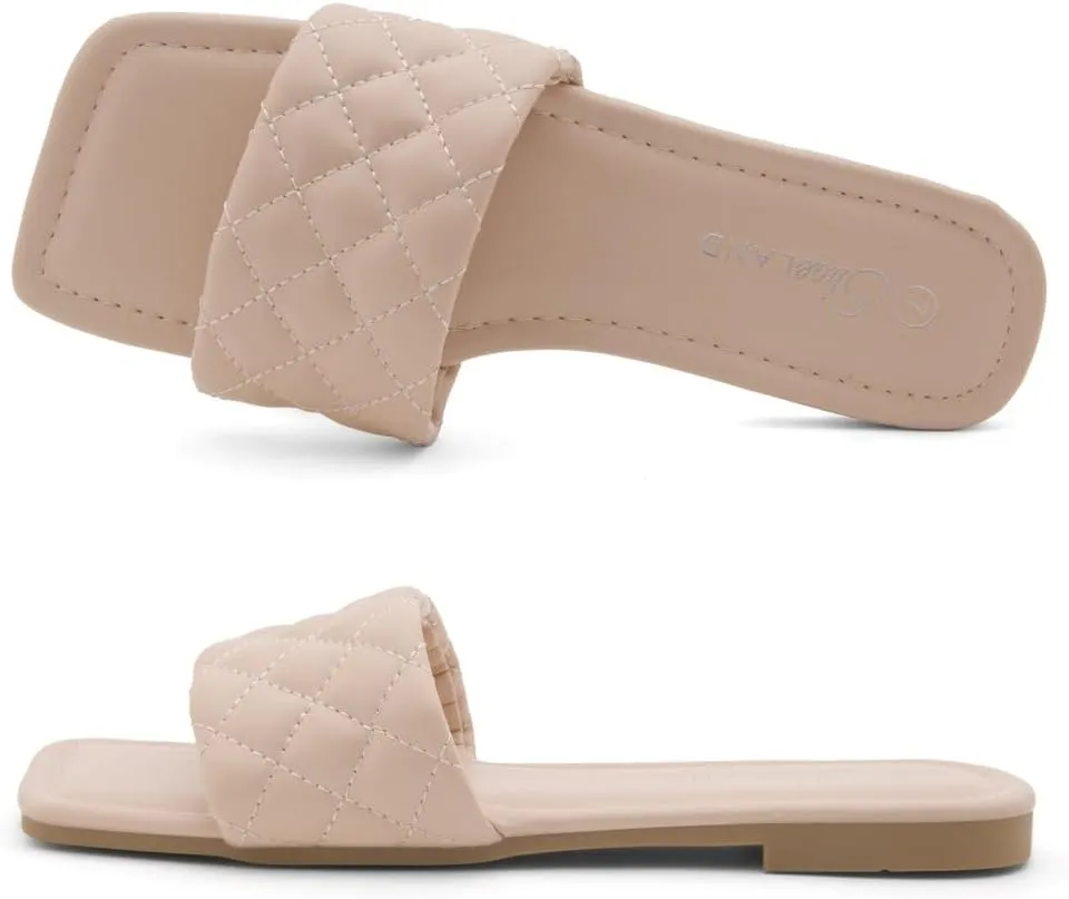 Shoe Land Anisha Women's Flat Sandals, Fashion Slides with Square Open Toe, Quilted Single Band Dressy Sandals, Slip-On Slippers for Summer, Daily Wear, Prom, and Party