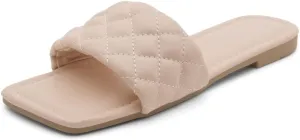 Shoe Land Anisha Women's Flat Sandals, Fashion Slides with Square Open Toe, Quilted Single Band Dressy Sandals, Slip-On Slippers for Summer, Daily Wear, Prom, and Party