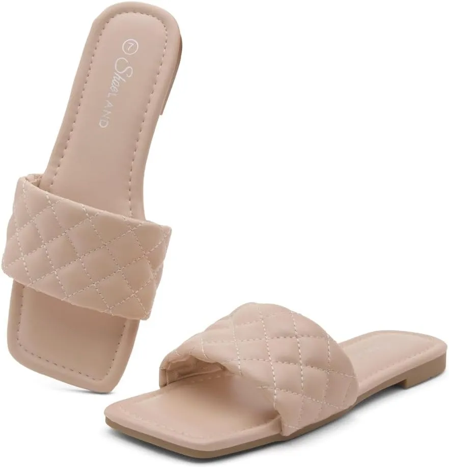 Shoe Land Anisha Women's Flat Sandals, Fashion Slides with Square Open Toe, Quilted Single Band Dressy Sandals, Slip-On Slippers for Summer, Daily Wear, Prom, and Party