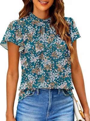 SimpleFun Women Boho Shirts Floral Ruffle Short Sleeve Mock Neck Flowy Casual Summer Blouses Tops