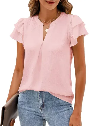SimpleFun Womens Business Casual Tops Ruffle Short Sleeve V Neck Flowy Dressy Summer Blouses Shirts