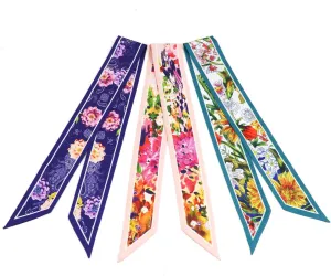 Skinny Scarf 3-Pack - Floral Paisley Slim Silk Feel Scarves for Hair, Neck, Handbag - Lightweight, Gift-Ready