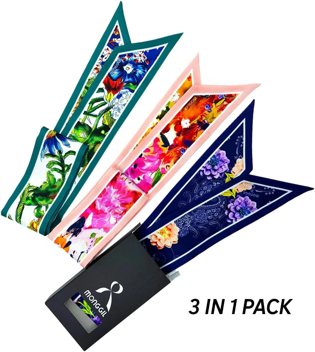 Skinny Scarf 3-Pack - Floral Paisley Slim Silk Feel Scarves for Hair, Neck, Handbag - Lightweight, Gift-Ready