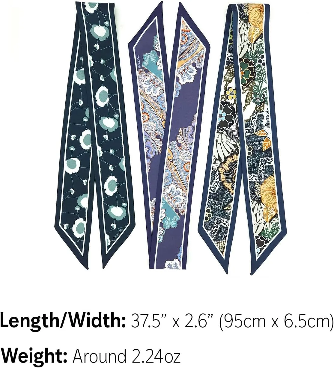 Skinny Scarf 3-Pack - Floral Paisley Slim Silk Feel Scarves for Hair, Neck, Handbag - Lightweight, Gift-Ready