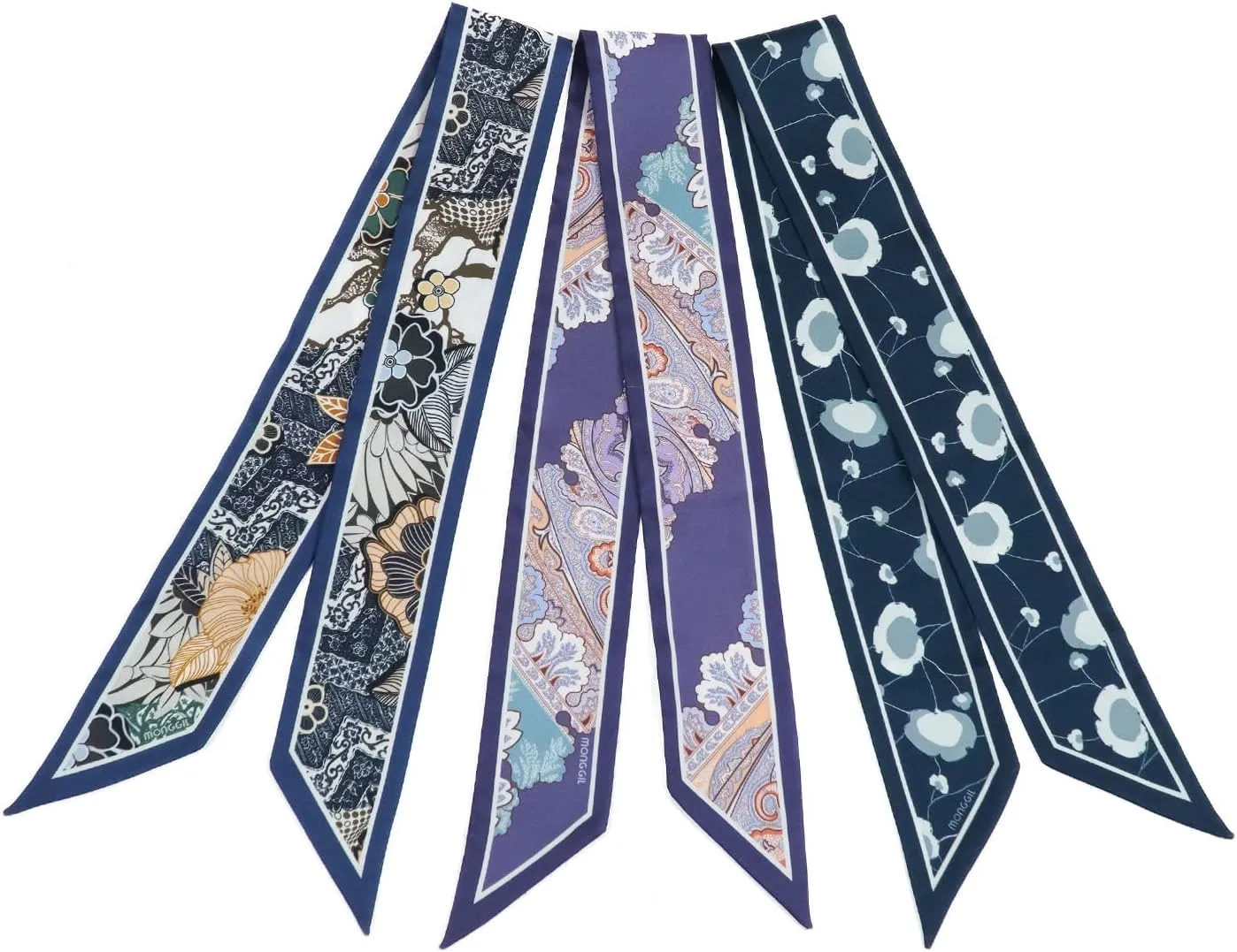Skinny Scarf 3-Pack - Floral Paisley Slim Silk Feel Scarves for Hair, Neck, Handbag - Lightweight, Gift-Ready