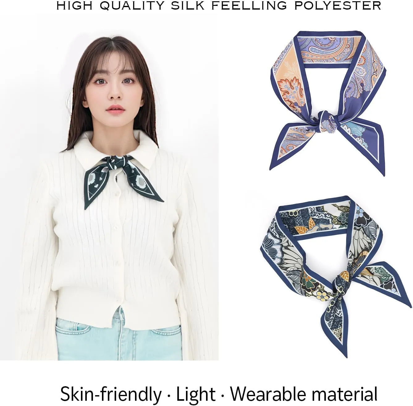 Skinny Scarf 3-Pack - Floral Paisley Slim Silk Feel Scarves for Hair, Neck, Handbag - Lightweight, Gift-Ready