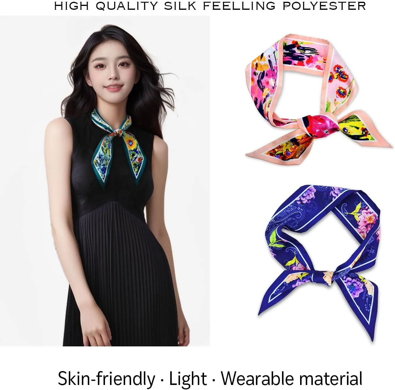 Skinny Scarf 3-Pack - Floral Paisley Slim Silk Feel Scarves for Hair, Neck, Handbag - Lightweight, Gift-Ready