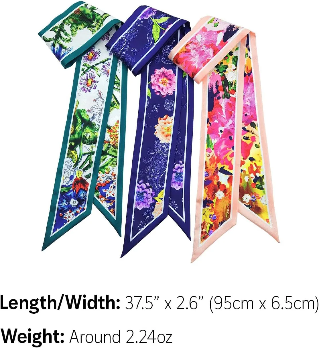 Skinny Scarf 3-Pack - Floral Paisley Slim Silk Feel Scarves for Hair, Neck, Handbag - Lightweight, Gift-Ready