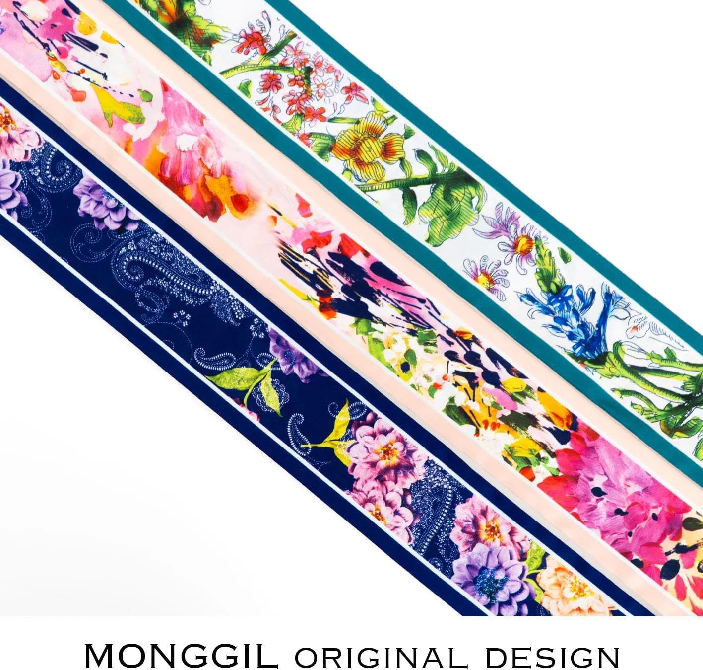 Skinny Scarf 3-Pack - Floral Paisley Slim Silk Feel Scarves for Hair, Neck, Handbag - Lightweight, Gift-Ready