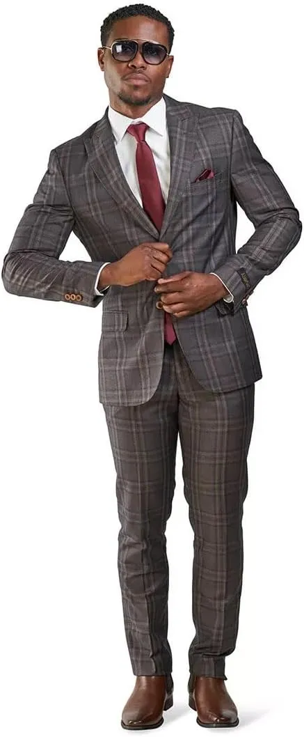 Slim Fit Suit 2 Button Peak Lapel Windowpane Plaid Vest Optional 35071